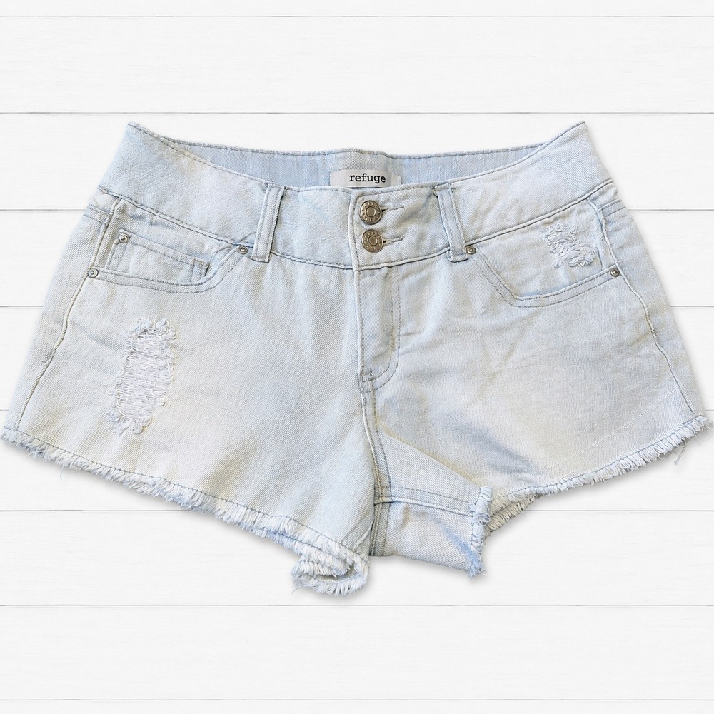 Refuge Womens Distressed Denim Shorts Light Wash Raw Hem‎ Size 2 Double Button